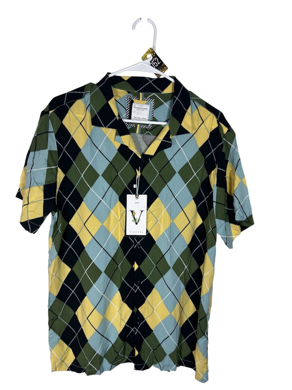 Denim & Flower Argyle Preppy Print Viscose Button Up Shirt Size L